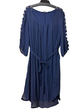 Mlle Gabrielle Navy Blue Tie-Waist Midi Dress with Ladder Sleeve Detail Size 2X
